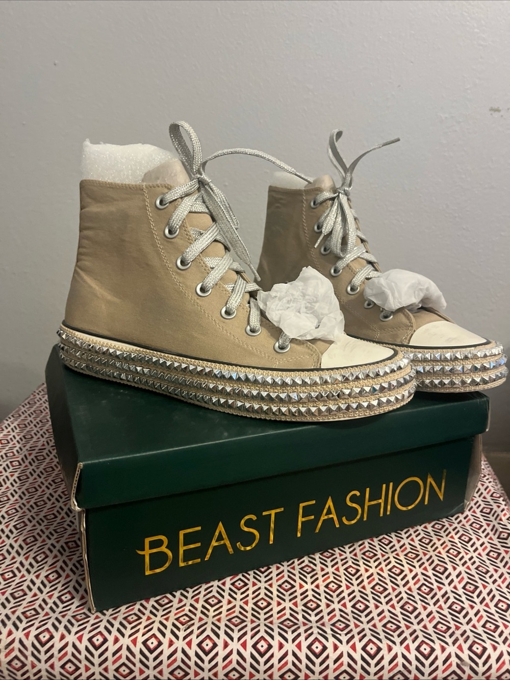 BEAST FASHION Tan High-Top Platform Sneakers with Silver Studded Trim